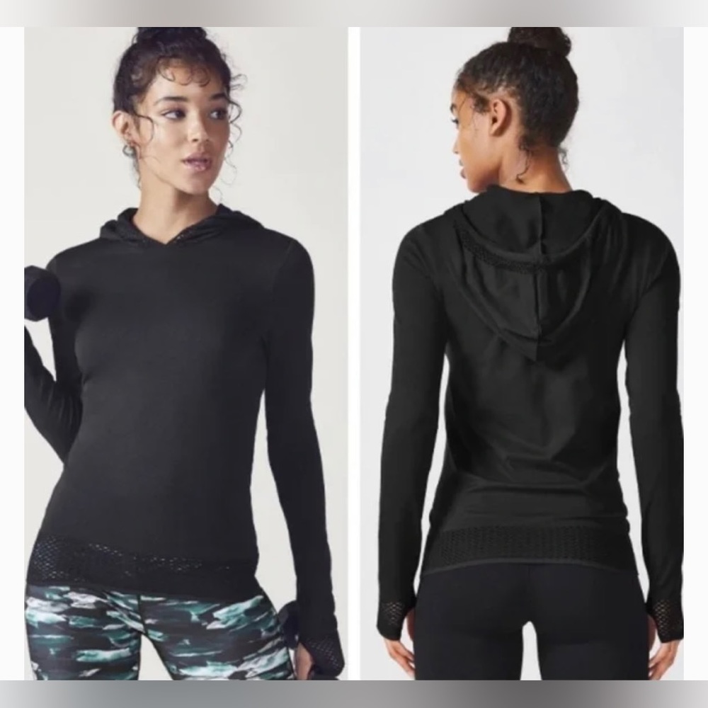 Fabletics Megan Seamless Mesh Pullover Hoodie, Color: Black Size: Small